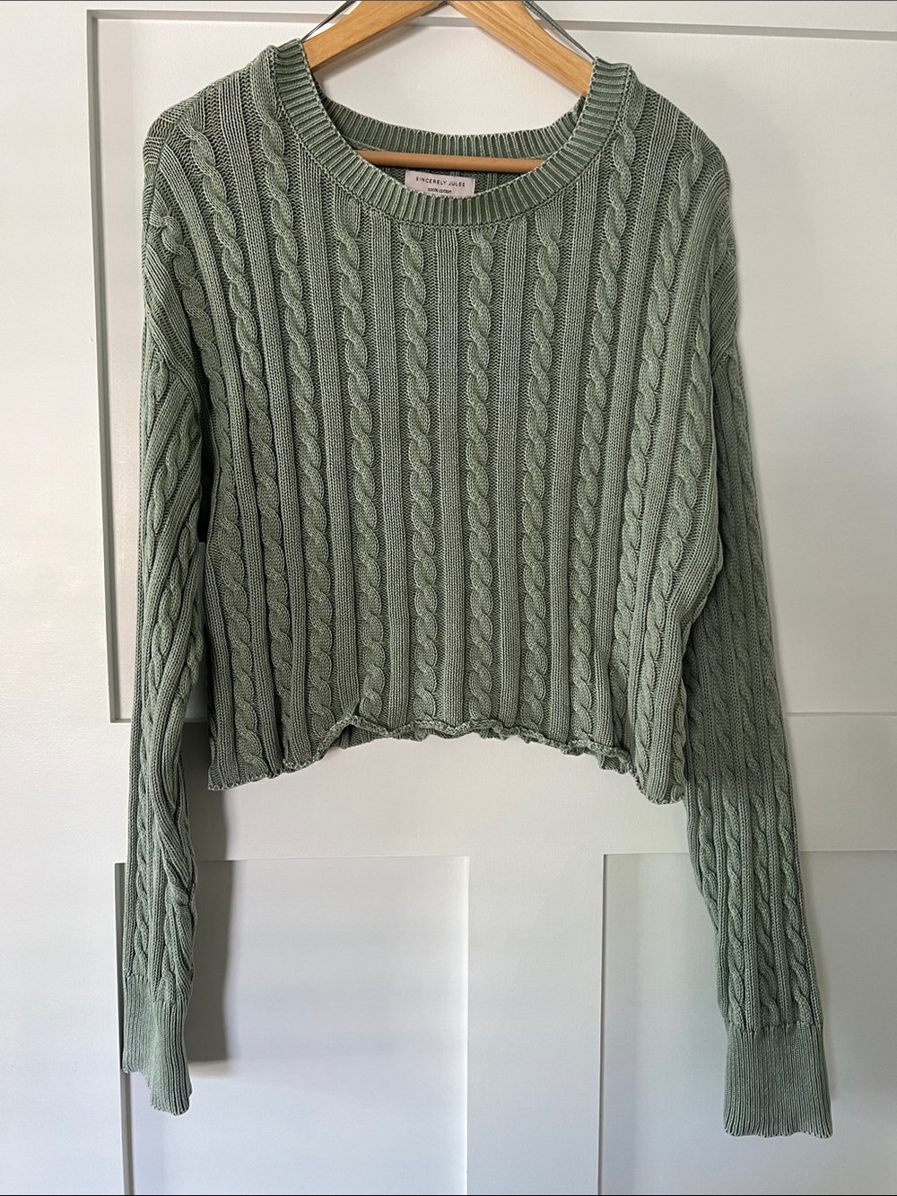 Sincerely Jules Sage Green Cable Knit Cropped Crew Sweater